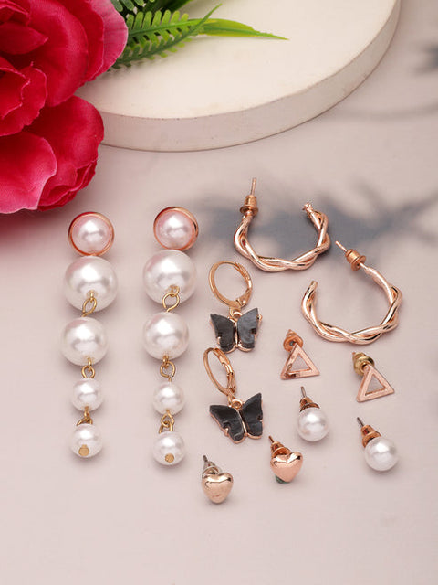 Women's Set of 6 White Pearl Gold-Plated Contemporary Drop Earrings