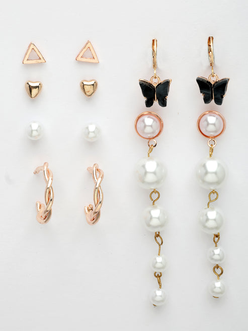 Women's Set of 6 White Pearl Gold-Plated Contemporary Drop Earrings