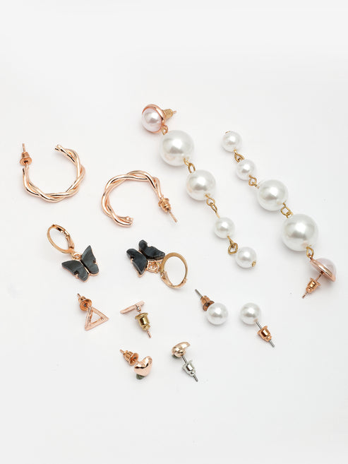 Women's Set of 6 White Pearl Gold-Plated Contemporary Drop Earrings