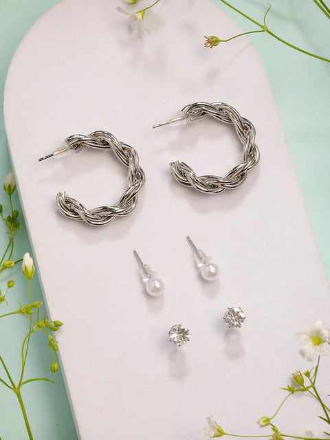 Women's Set of 3 Silver-Plated Artificial Stones Half Hoop Earrings