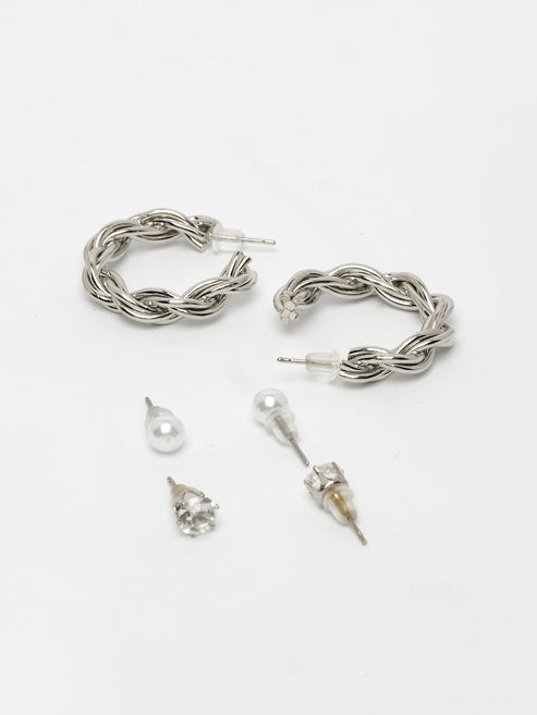 Women's Set of 3 Silver-Plated Artificial Stones Half Hoop Earrings