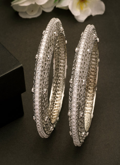 Women's Set of 2 Silver-Plated American Diamond Studded Bangles