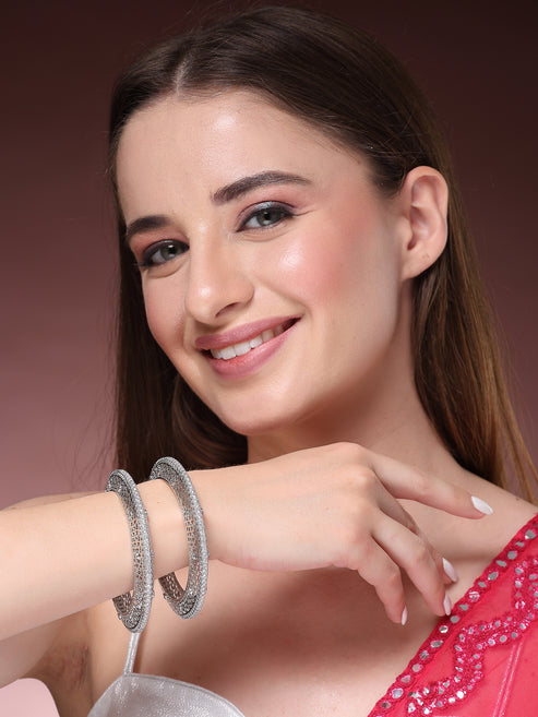 Women's Set of 2 Silver-Plated American Diamond Studded Bangles