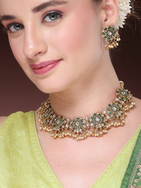 Women's Gold-Plated Green Kundan- Studded & Beaded Handcrafted Temple Jewellery Set