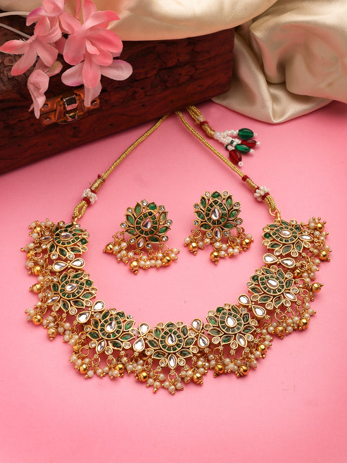 Women's Gold-Plated Green Kundan- Studded & Beaded Handcrafted Temple Jewellery Set
