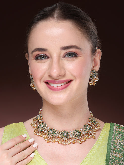 Women's Gold-Plated Green Kundan- Studded & Beaded Handcrafted Temple Jewellery Set