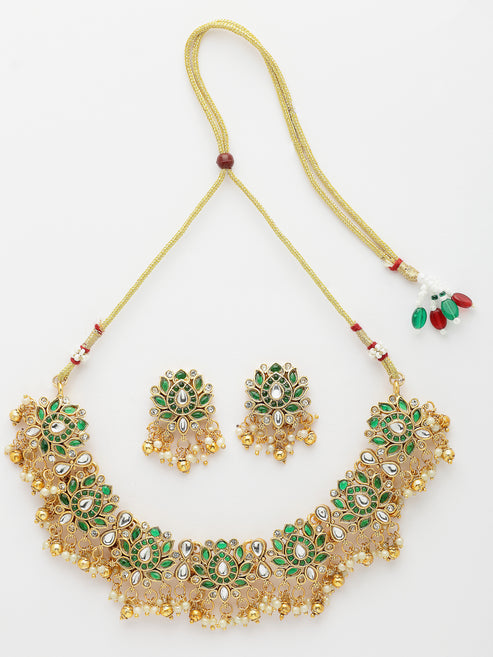 Women's Gold-Plated Green Kundan- Studded & Beaded Handcrafted Temple Jewellery Set