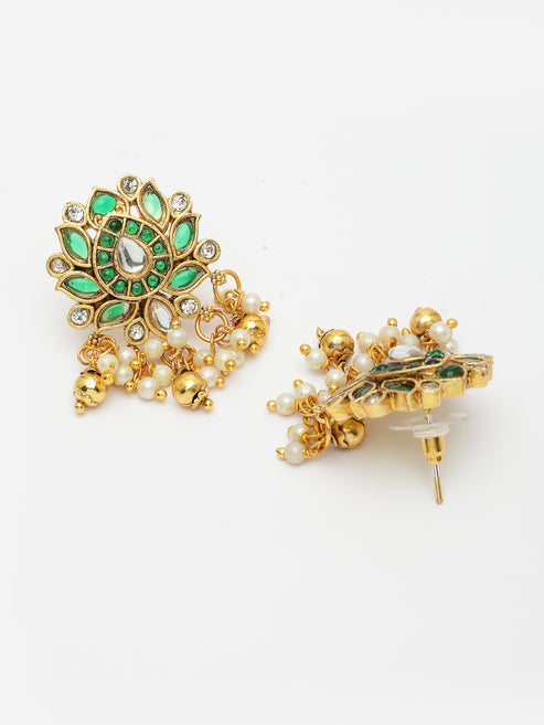 Women's Gold-Plated Green Kundan- Studded & Beaded Handcrafted Temple Jewellery Set