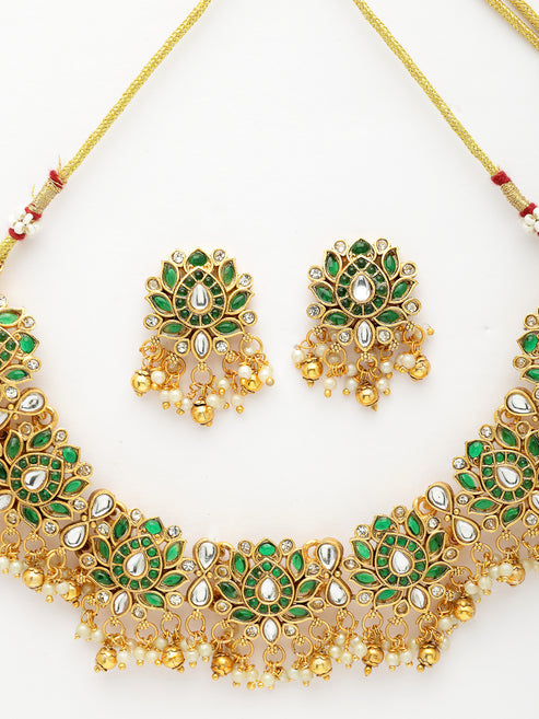Women's Gold-Plated Green Kundan- Studded & Beaded Handcrafted Temple Jewellery Set