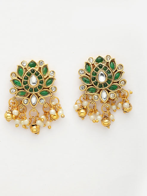 Women's Gold-Plated Green Kundan- Studded & Beaded Handcrafted Temple Jewellery Set