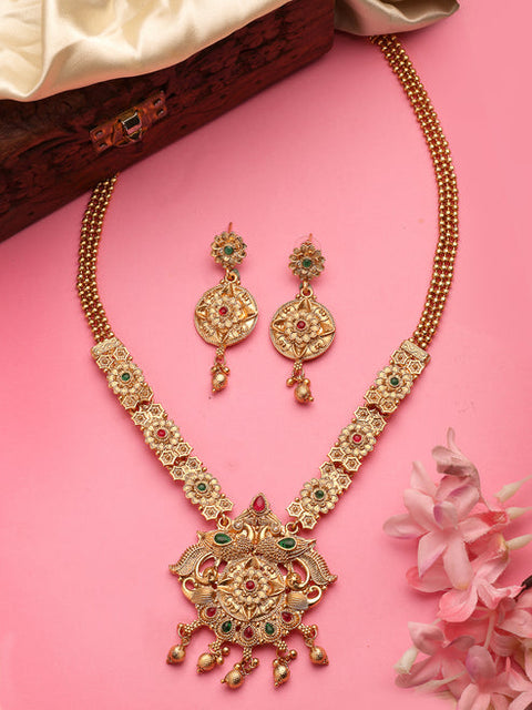 Women's Gold-plated Pink & Green Stone-Studded Peacock Design Temple Jewellery Set