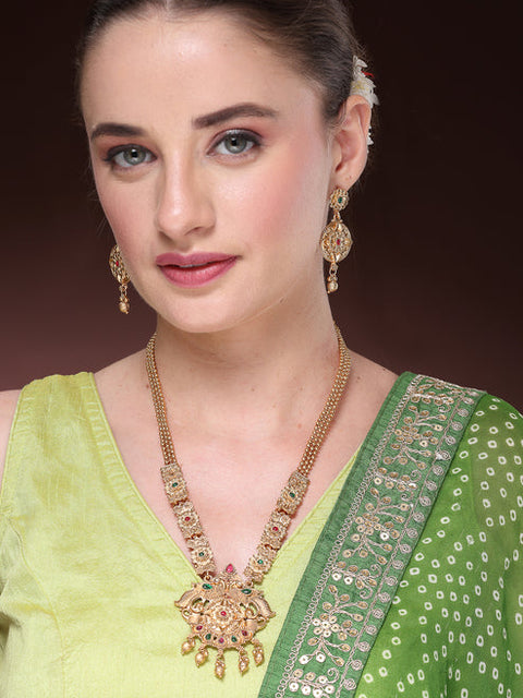 Women's Gold-plated Pink & Green Stone-Studded Peacock Design Temple Jewellery Set