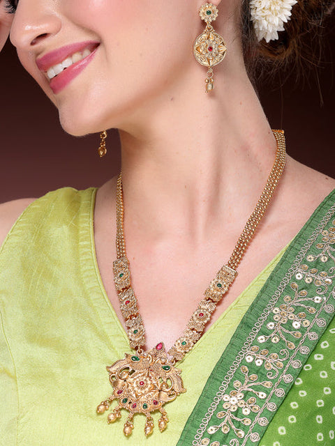 Women's Gold-plated Pink & Green Stone-Studded Peacock Design Temple Jewellery Set