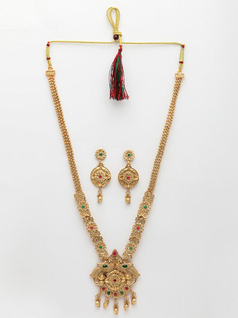 Women's Gold-plated Pink & Green Stone-Studded Peacock Design Temple Jewellery Set