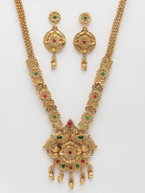 Women's Gold-plated Pink & Green Stone-Studded Peacock Design Temple Jewellery Set