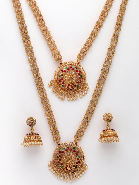 Women's Set of 2 Gold Plated Red & Green Stone Studded Peacock Design Temple Jewellery Set