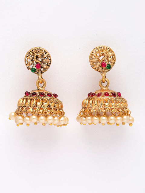 Women's Set of 2 Gold Plated Red & Green Stone Studded Peacock Design Temple Jewellery Set