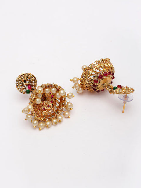 Women's Set of 2 Gold Plated Red & Green Stone Studded Peacock Design Temple Jewellery Set