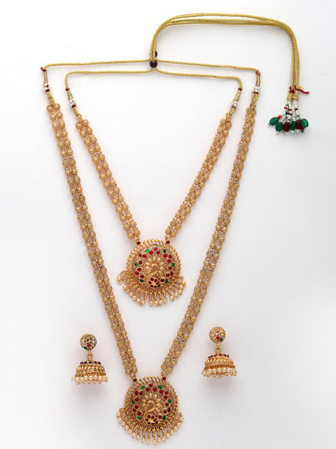 Women's Set of 2 Gold Plated Red & Green Stone Studded Peacock Design Temple Jewellery Set