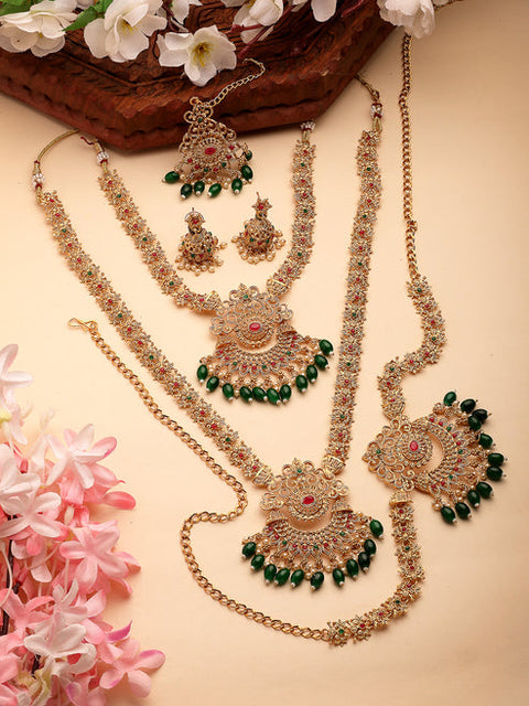 Women's Set of 2 Gold-Plated Stone Studded Temple Jewellery Set with Maangtikka & Kamarbandh