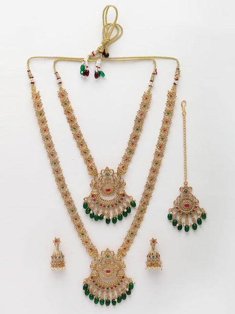 Women's Set of 2 Gold-Plated Stone Studded Temple Jewellery Set with Maangtikka & Kamarbandh