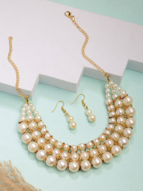 Women's Gold-Plated White Pearl-Beaded Handcrafted Jewellery Set