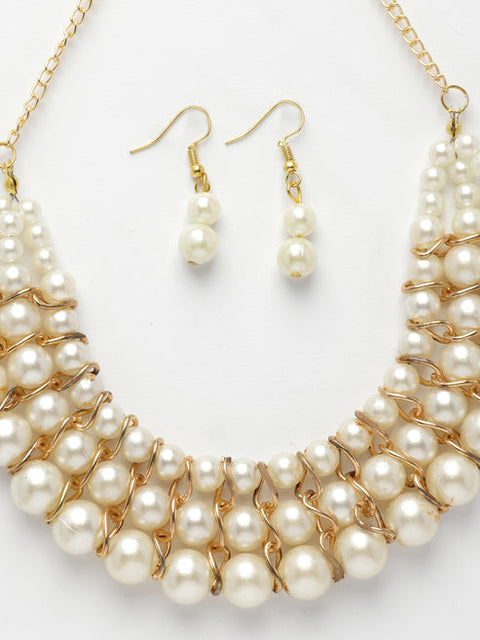 Women's Gold-Plated White Pearl-Beaded Handcrafted Jewellery Set