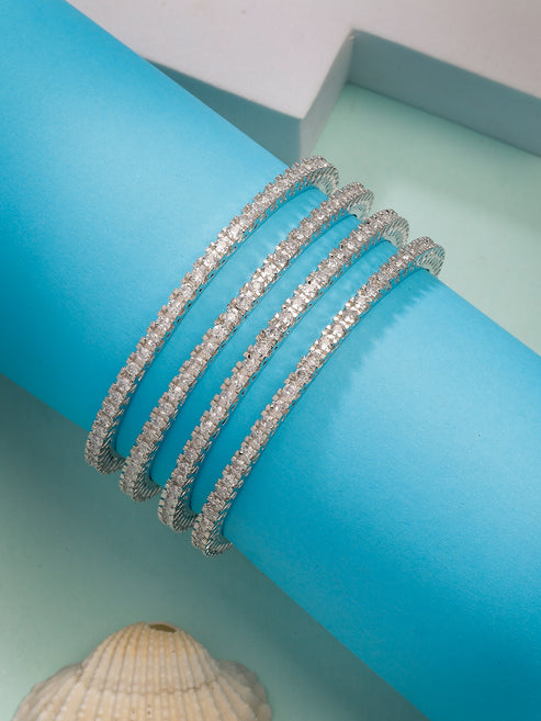 Women's Set of 4 Silver-Plated Cubic Zirconia Stone Studded Bangles