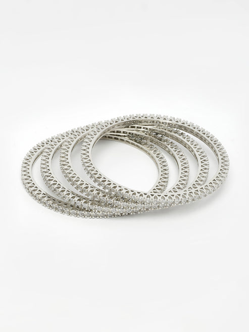 Women's Set of 4 Silver-Plated Cubic Zirconia Stone Studded Bangles