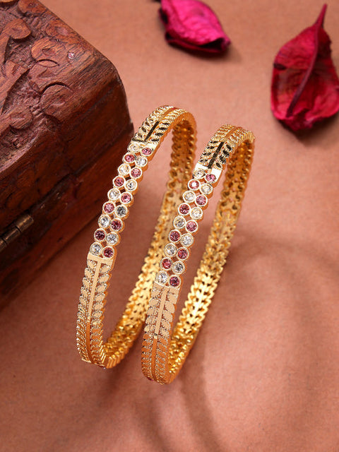 Women's Set of 2 Gold-Plated Cubic Zirconia Stone Studded Bangles