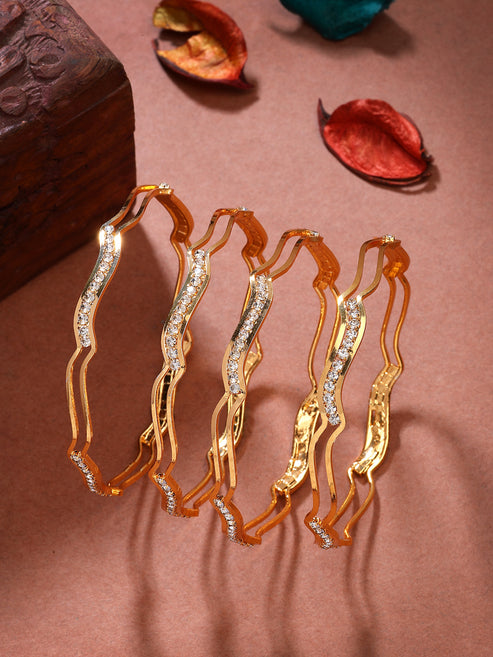 Women's Set of 4 Gold-Plated Cubic Zirconia Stone Studded Bangles