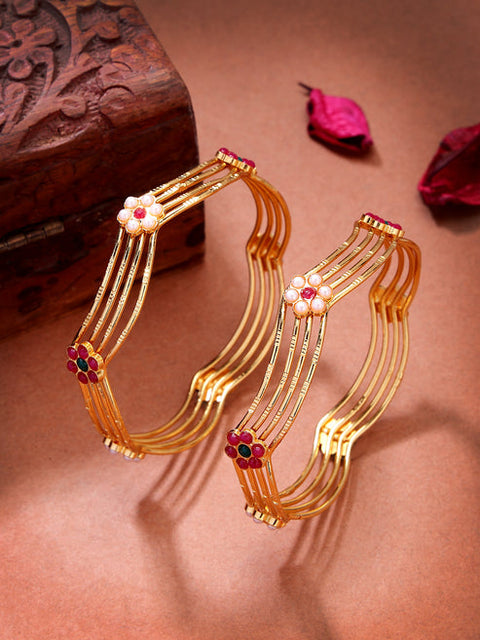 Women's Set of 2 Gold-Plated Artificial Stones Traditional Bangles