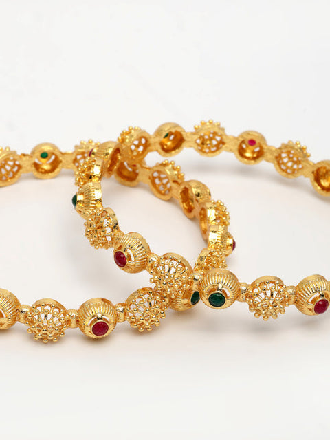 Women's Set of 2 Gold-Plated Artificial Stones Traditional Bangles