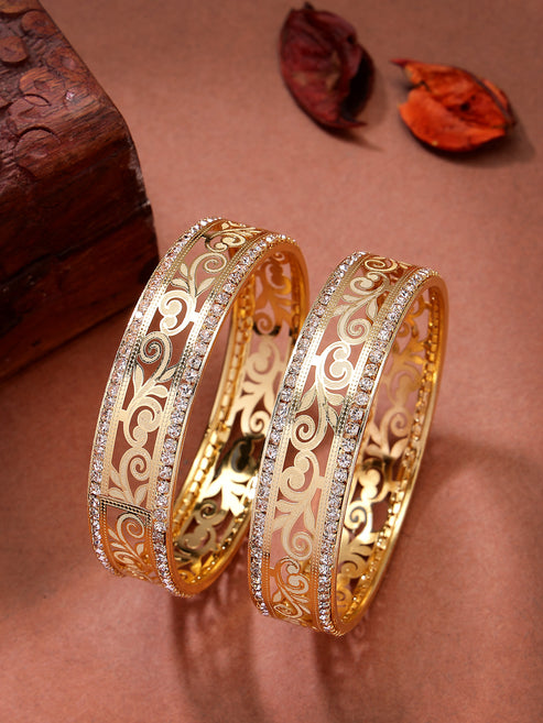 Women's Set of 2 Gold-Plated Cubic Zirconia Stone Studded Kada Bangles