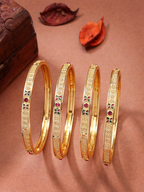 Women's Set of 4 Gold-Plated Artificial Stones Traditional Bangles