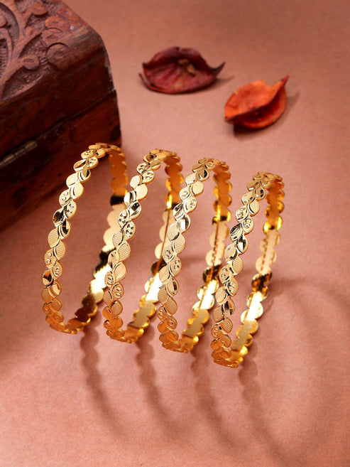 Women's Set of 4 Gold-Plated Leaf Shaped Traditional Bangles
