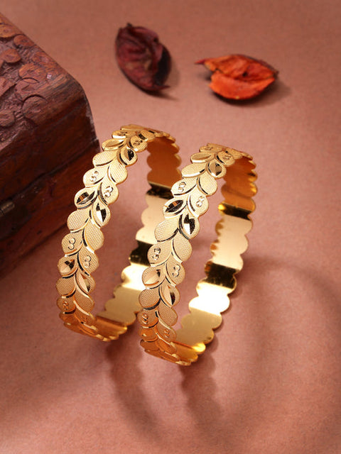 Women's Set of 2 Gold-Plated Leaf Shaped Kada Bangles