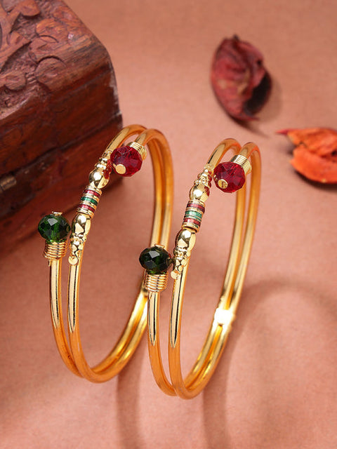 Women's Set of 2 Gold-Plated Artificial Beads Traditional Bangles