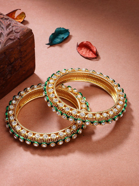 Women's Set of 2 Gold-Plated Kundan Studded Bangles