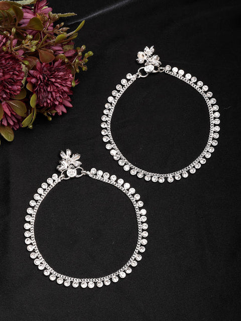 Women's Set of 2 Silver-Plated Artificial Stone Studded Anklets