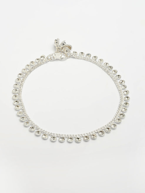 Women's Set of 2 Silver-Plated Artificial Stone Studded Anklets