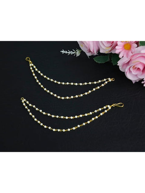 Pearl Studded Classic Gold-Plated 2 Line Ear Chain Ear Cuff