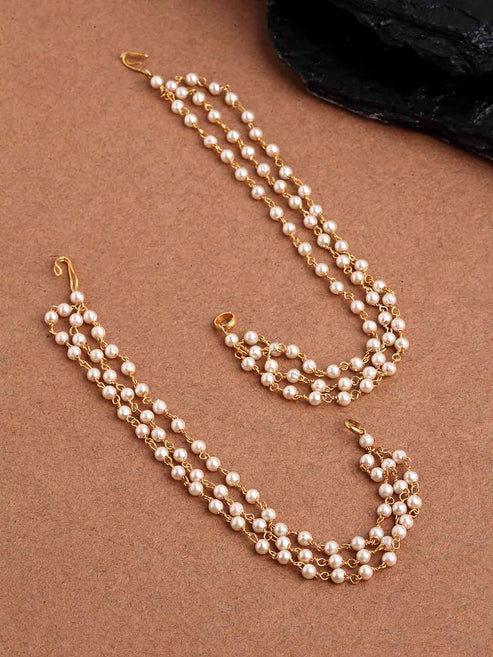 Pearl Studded Classic Gold-Plated 3 Line Ear Chain Ear Cuff