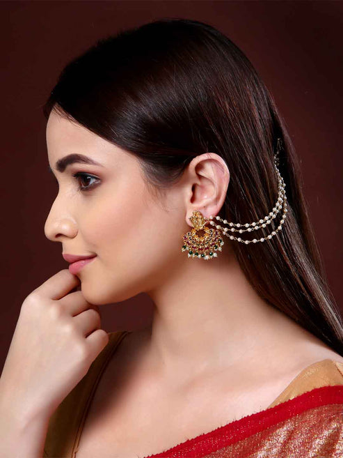Pearl Studded Classic Gold-Plated 3 Line Ear Chain Ear Cuff