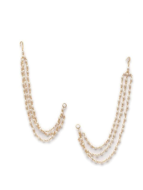Pearl Studded Classic Gold-Plated 3 Line Ear Chain Ear Cuff