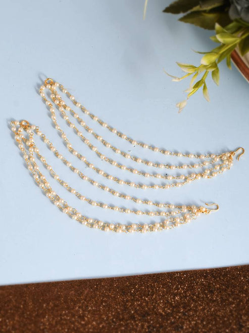 Pearl Studded Classic Gold-Plated 4 Line Ear Chain Ear Cuff