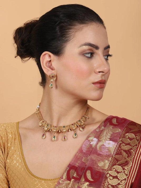 Gold Plated Kempu Hydra Rajwadi Necklace Set