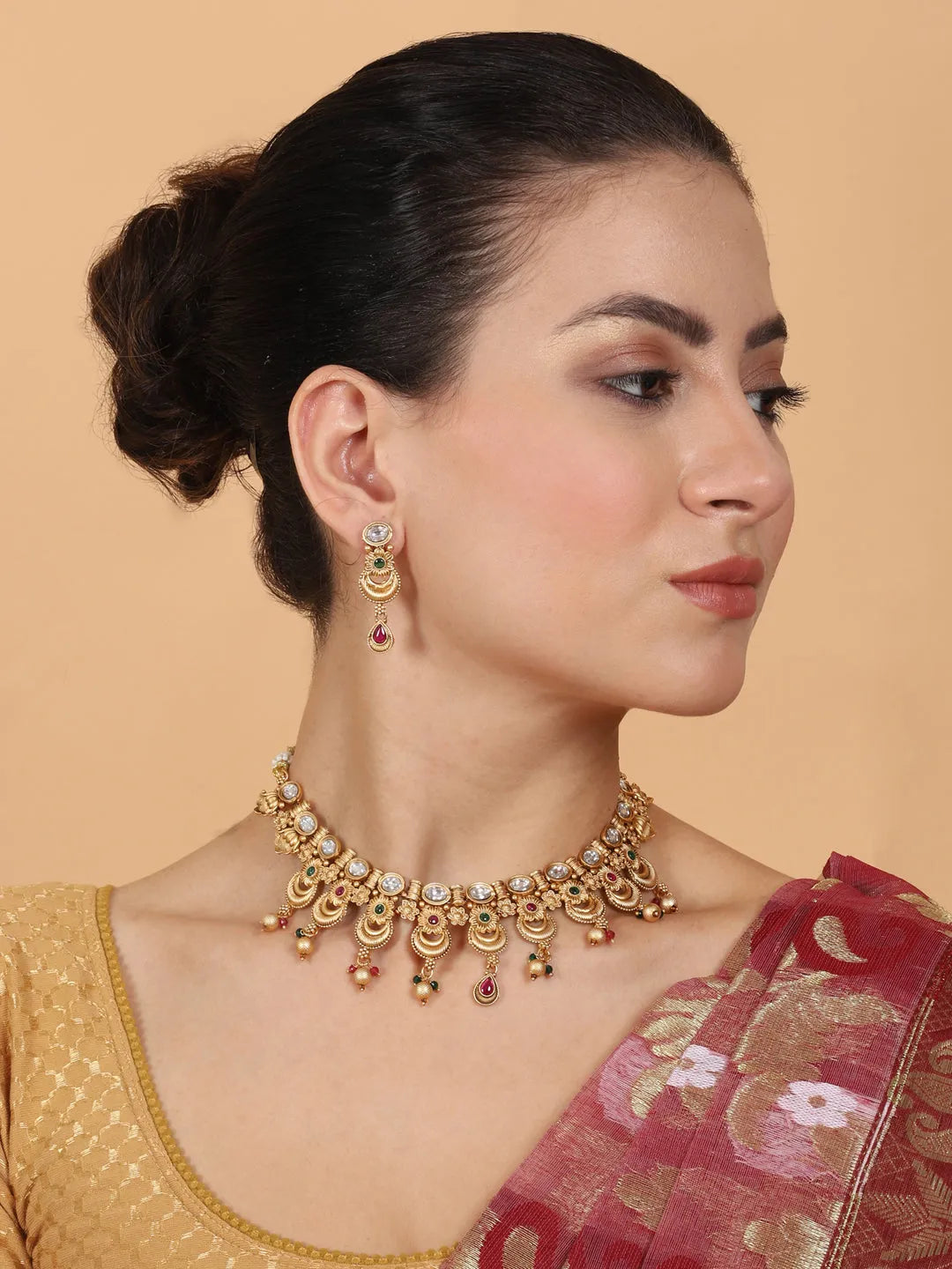 Gold Plated Kempu Hydra Rajwadi Necklace Set - Intricately designed necklace with Kempu stones, reflecting traditional Indian charm.