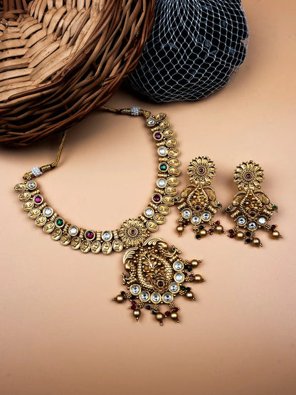 Gold Plated Kempu Hydra Rajwadi Necklace Set - Intricately designed necklace with Kempu stones, reflecting traditional Indian charm.