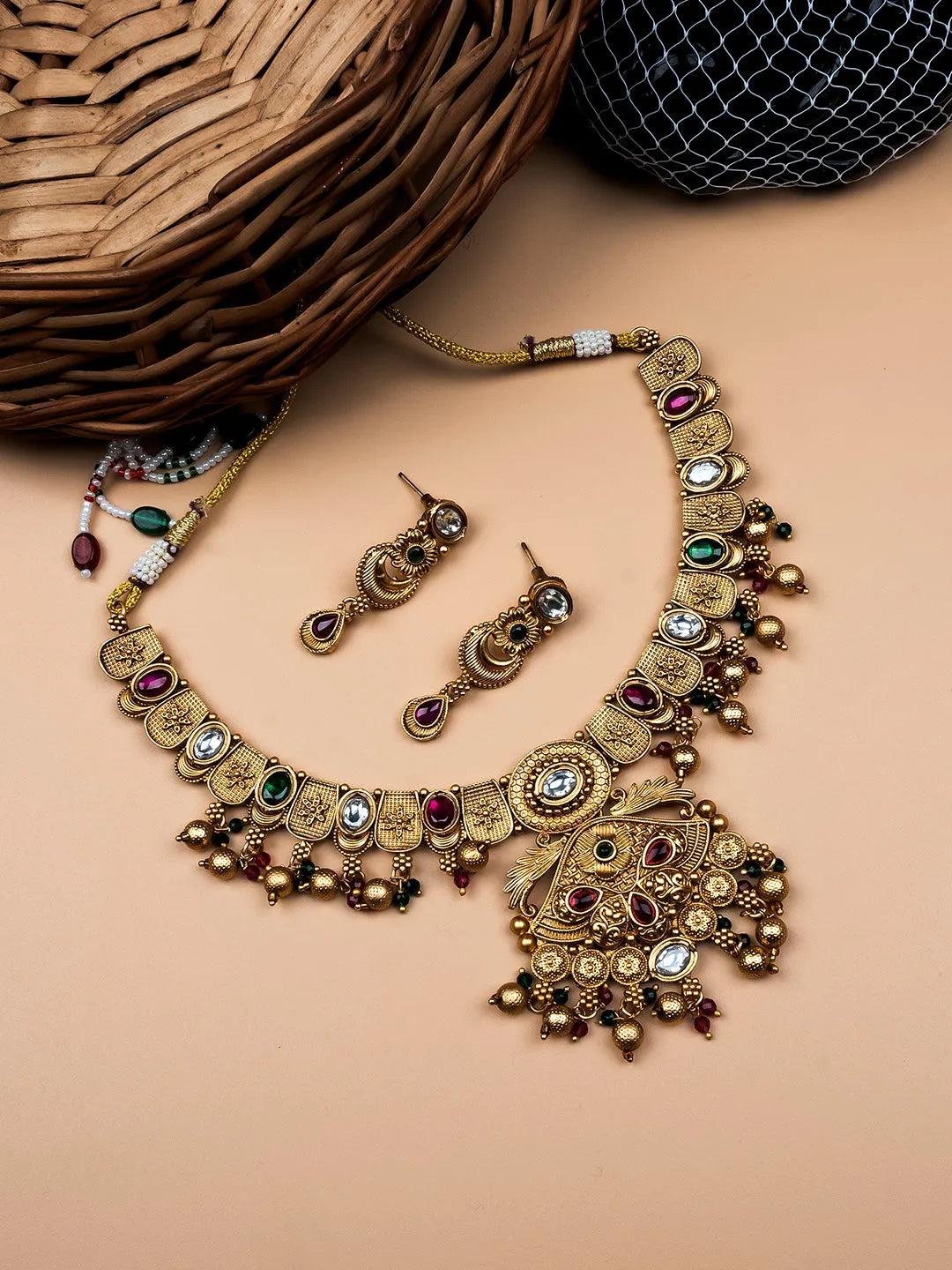 Regal Rajwadi Kempu Necklace Set With Statement Earrings